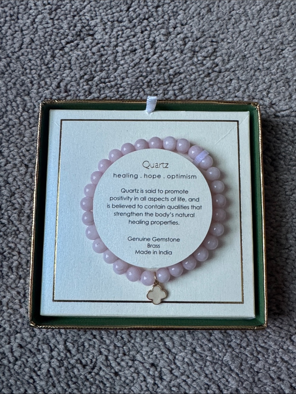 Shivam Pink Quartz Gemstone Bracelet Clover Charm Brass Made in India NWT